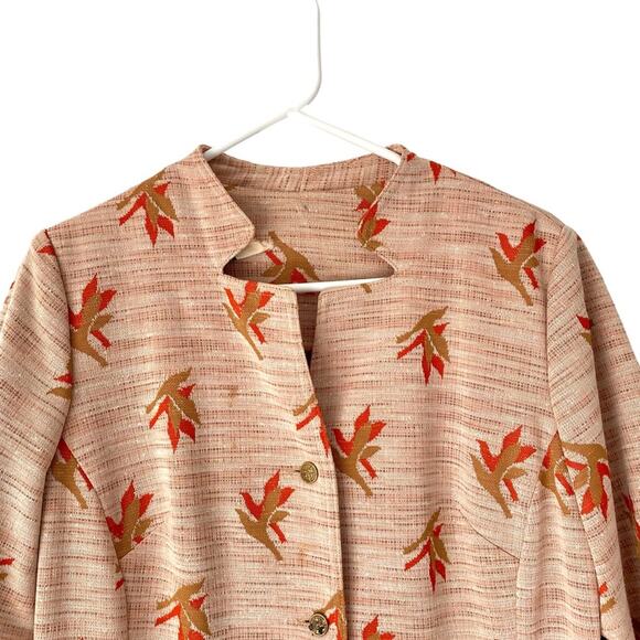 Herbert Levy Vintage 1940s Bird Print Orange Brown Textured Dress Pleats large - Picture 2 of 12